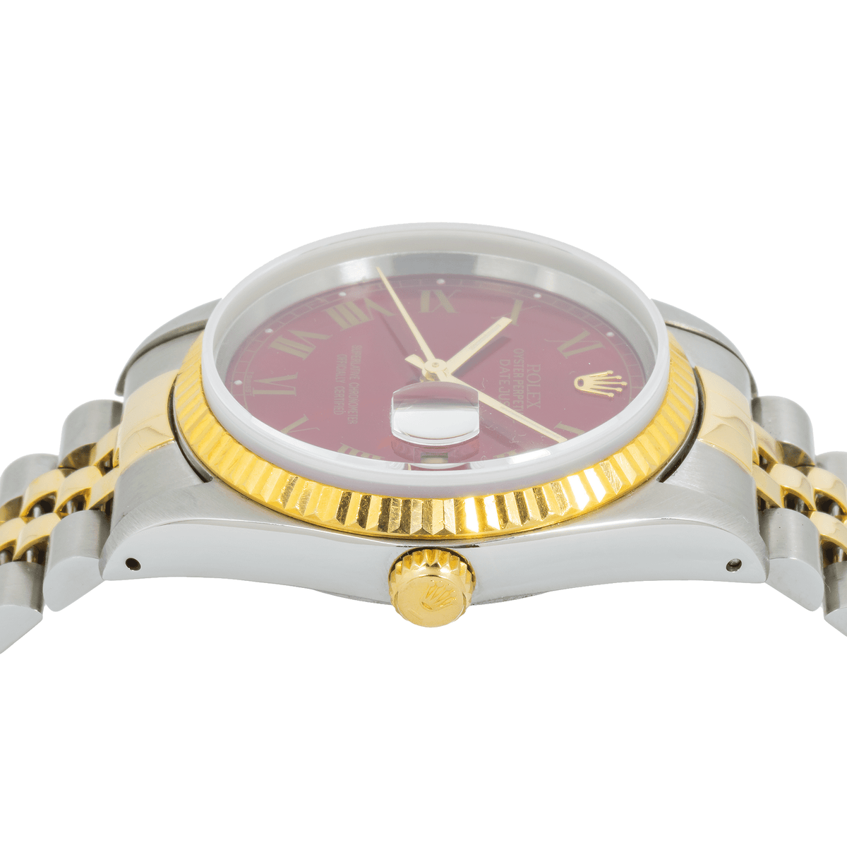 Pre-Owned Rolex Datejust 36MM 16233 Red Roman Dial Fluted Bezel Two Tone Yellow Gold Jubilee Bracelet