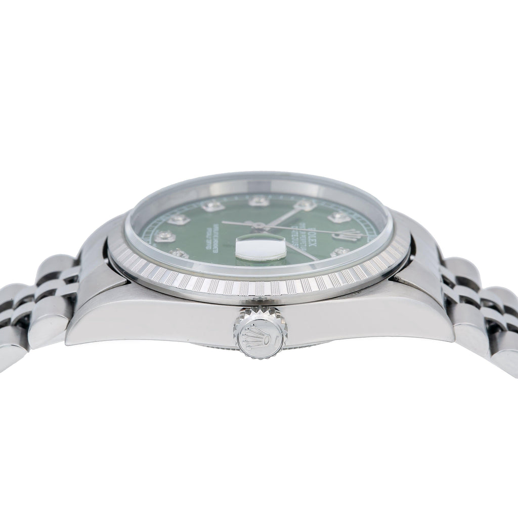 Pre-Owned Rolex Datejust 36MM 16220 Green Diamond Dial Engine Turned Bezel Stainless Steel Jubilee Bracelet