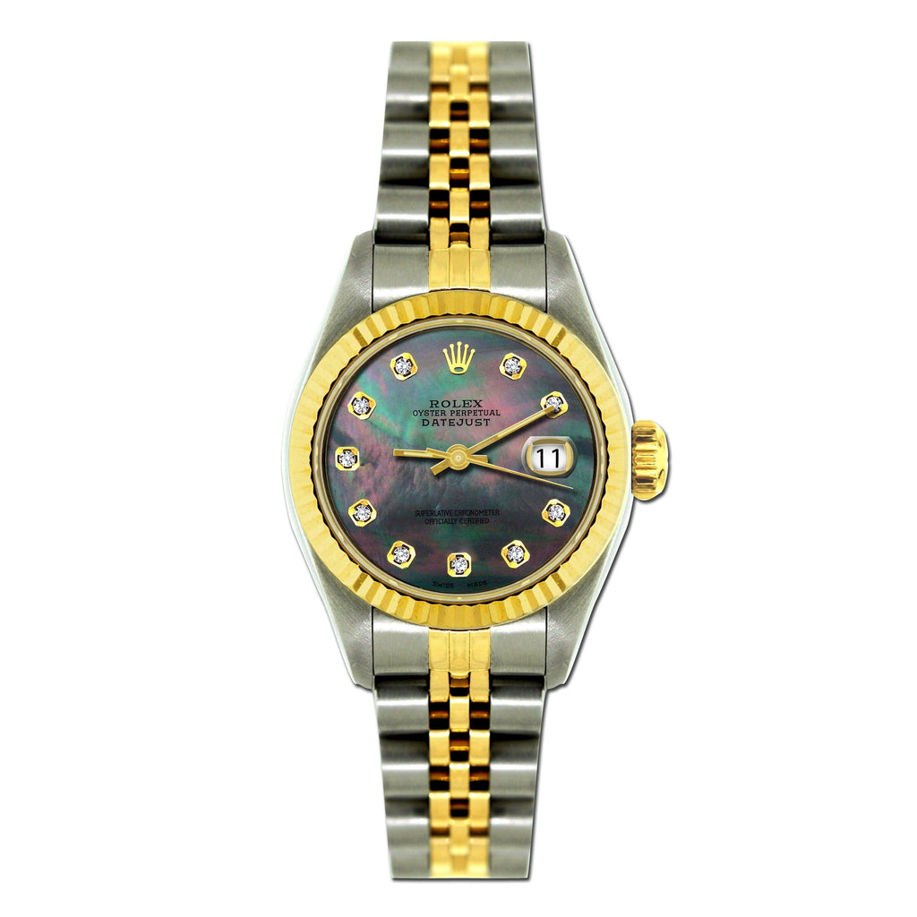 Pre-Owned Rolex Datejust 26MM 69173 Black Mother of Pearl Diamond Dial Fluted Bezel Two Tone Yellow Gold Jubilee Bracelet