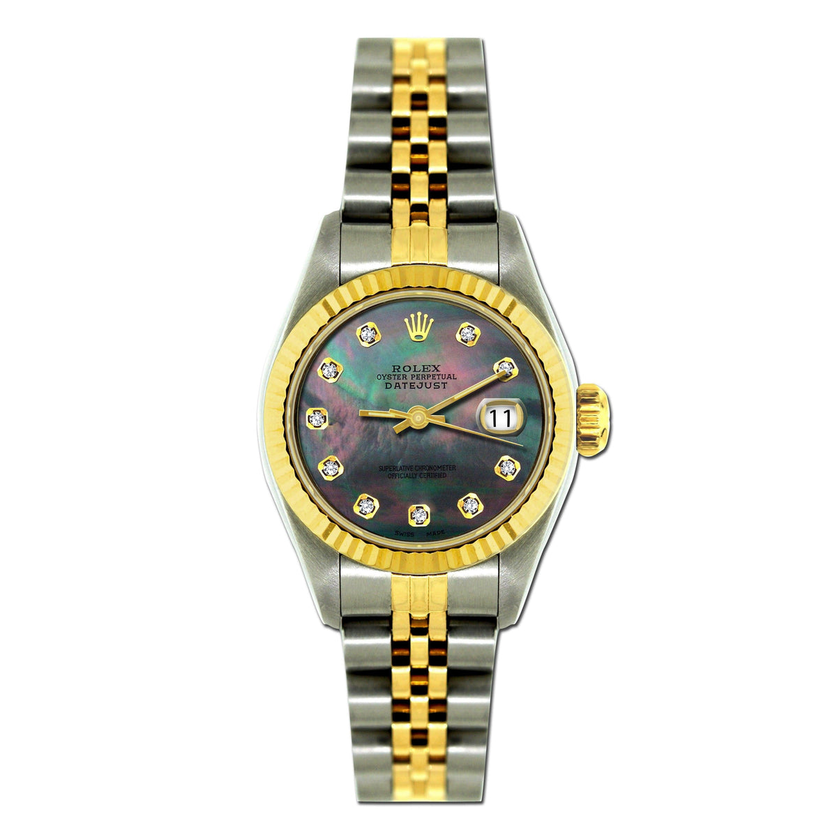 Pre-Owned Rolex Datejust 26MM 69173 Black Mother of Pearl Diamond Dial Fluted Bezel Two Tone Yellow Gold Jubilee Bracelet