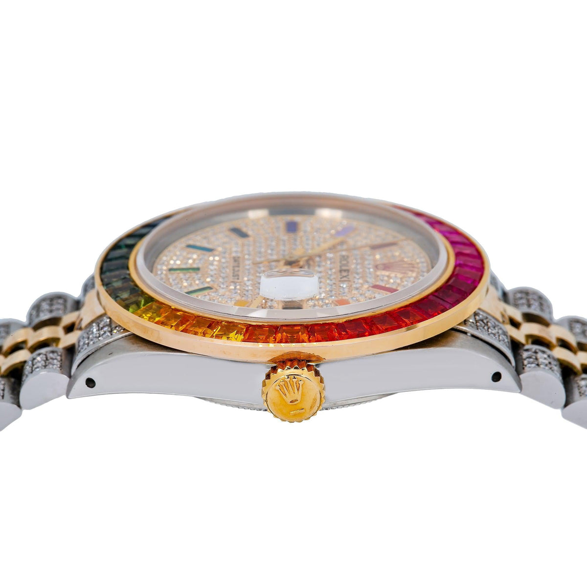 Pre-Owned Rolex Datejust 36MM 16013 Diamond Paved Rainbow Hour Dial Rainbow Gemstone Bezel Two Tone Yellow Gold Semi Diamond Jubilee Bracelet 5.25ct