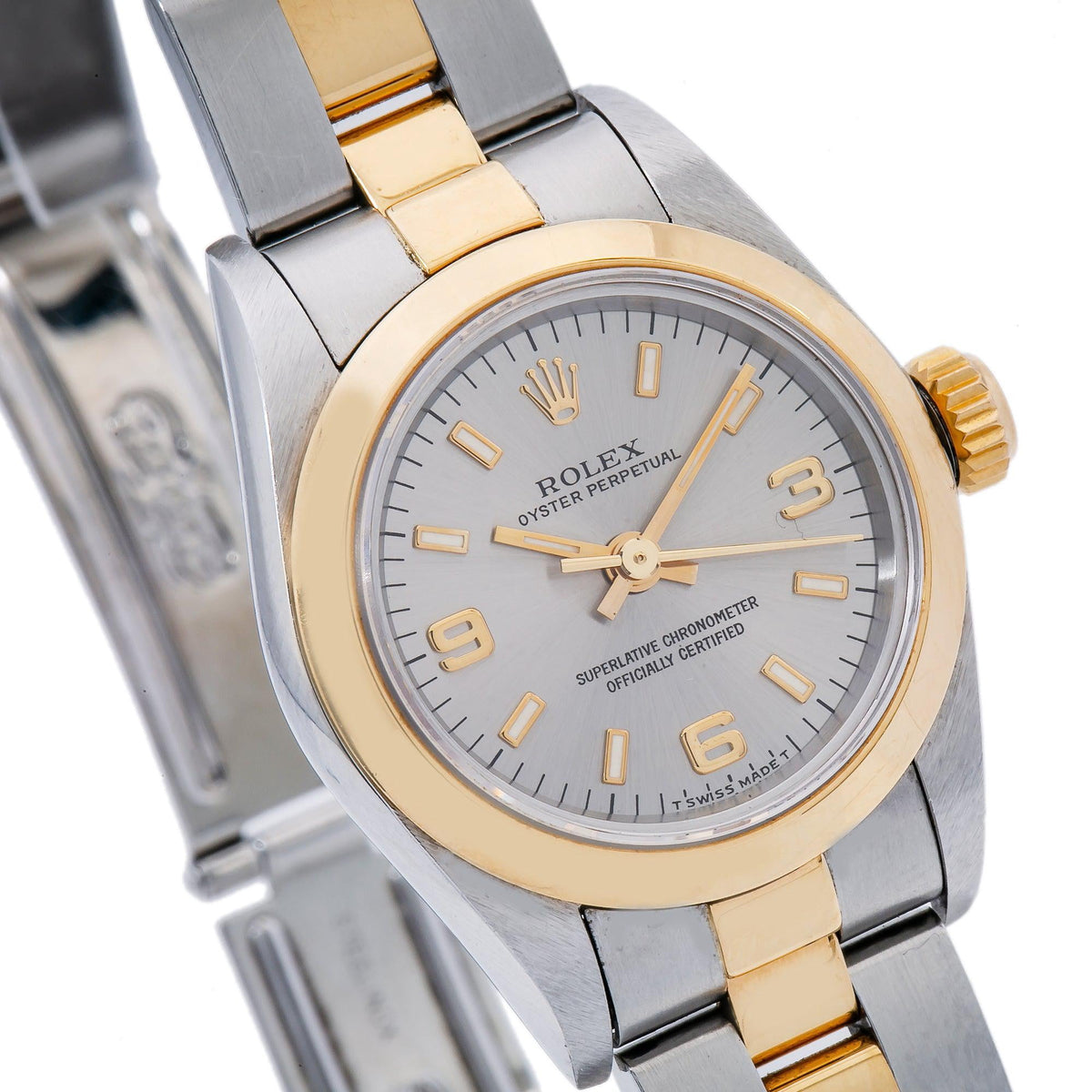 Pre-Owned Rolex Oyster Perpetual 26MM 67183 Gray Arabic Dial Smooth Bezel Two Tone Yellow Gold Oyster Bracelet