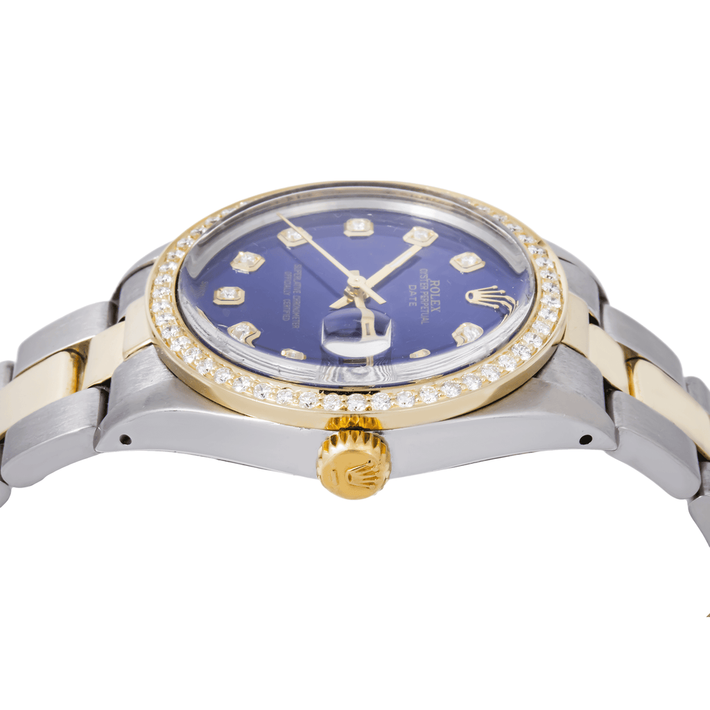 Pre-Owned Rolex Date 34MM 1505 Blue Diamond Dial Diamond Bezel Two Tone Yellow Gold Oyster Bracelet 1ct