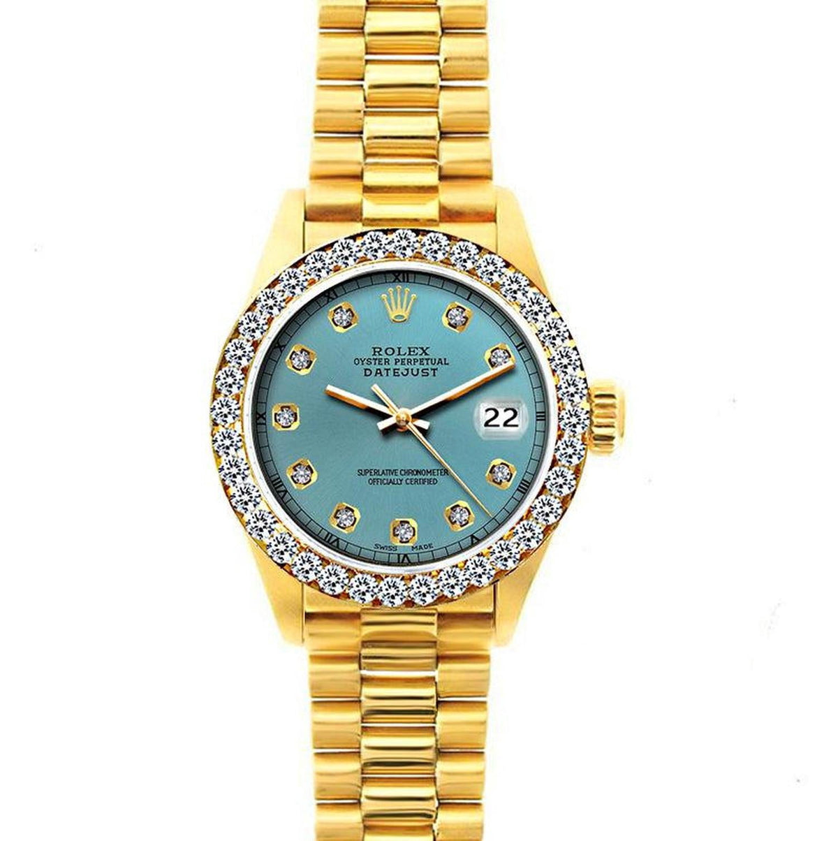 Pre-Owned Rolex Datejust 26MM 69178 Turquoise Diamond Dial Diamond Bezel 18K Yellow Gold President Bracelet 1.2ct