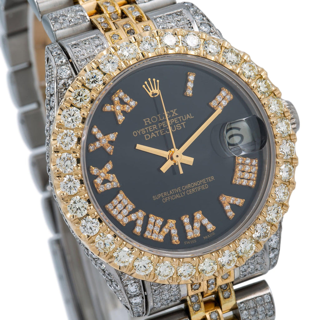 Pre-Owned Rolex Datejust 31MM 6824 Black Roman Diamond Dial Diamond Bezel Two Tone Yellow Gold Full Diamond Jubilee Bracelet