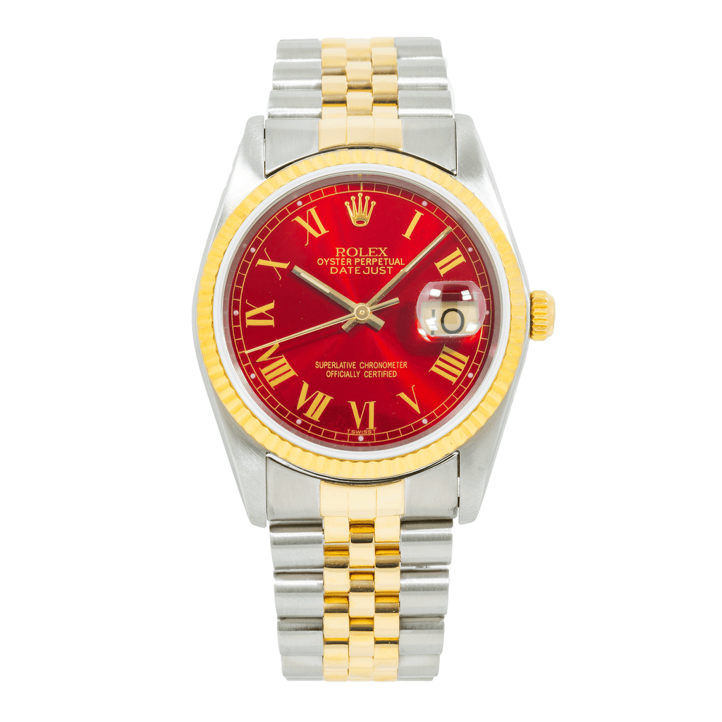 Pre-Owned Rolex Datejust 36MM 16233 Red Roman Dial Fluted Bezel Two Tone Yellow Gold Jubilee Bracelet