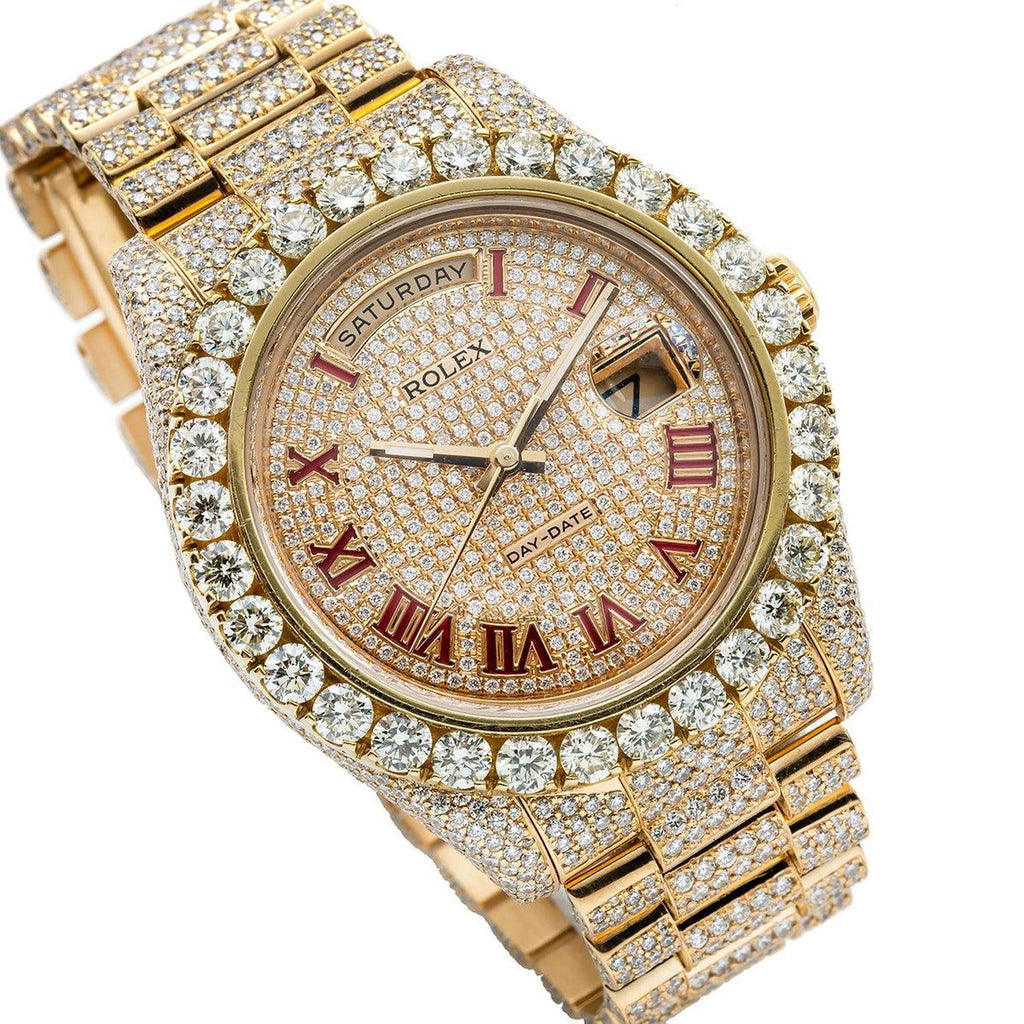 Pre-Owned Rolex Day-Date II 41MM 218238 Diamond Paved Red Roman Dial Diamond Bezel 18K Yellow Gold Full Diamond President Bracelet 21.75ct
