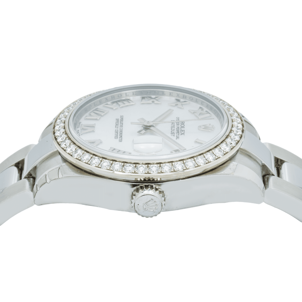 Pre-Owned Rolex Datejust 31MM 178240 White Mother of Pearl Roman Dial Diamond Bezel Stainless Steel Oyster Bracelet
