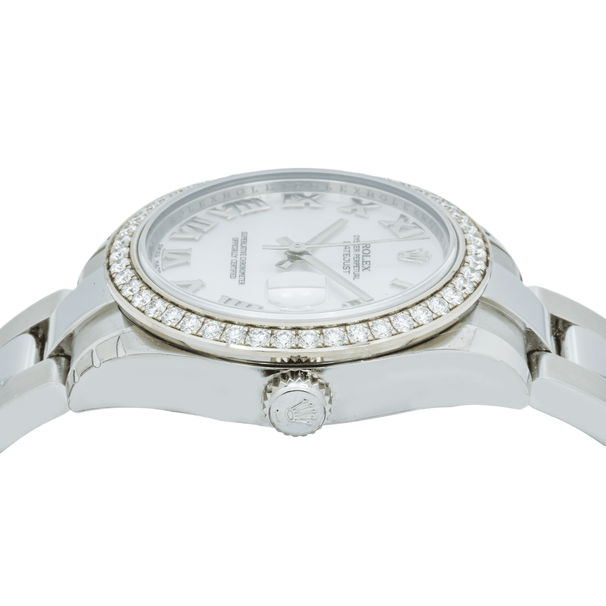 Pre-Owned Rolex Datejust 31MM 178240 White Mother of Pearl Roman Dial Diamond Bezel Stainless Steel Oyster Bracelet