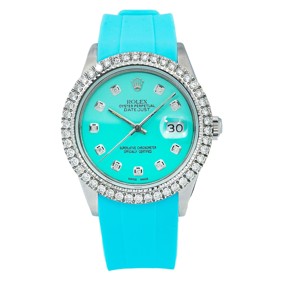 Pre-Owned Rolex Datejust 36MM 16014 Turquoise Diamond Dial Diamond Bezel Blue Rubber Strap