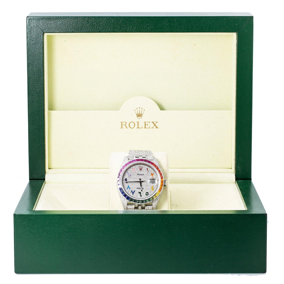 Pre-Owned Rolex Datejust 41MM 126300 Diamond Paved Rainbow Eastern Arabic Dial Rainbow Gemstone Bezel Stainless Steel Full Diamond Jubilee Bracelet 14.75ct
