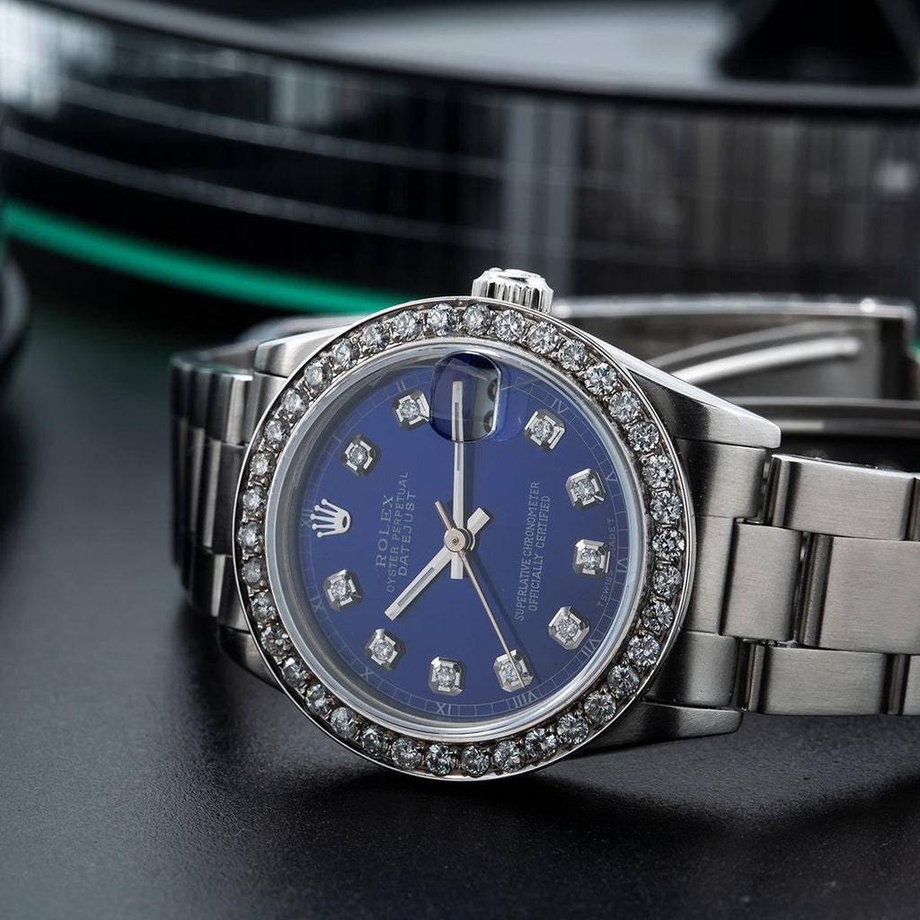 Pre-Owned Rolex Datejust 31MM 78240 Blue Diamond Dial Diamond Bezel Stainless Steel Oyster Bracelet 1.05ct