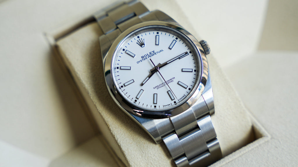 Pre-Owned Rolex 39mm Oyster Perpetual White Rhodium Dial with Stainless Steel Oyster Bracelet 114300