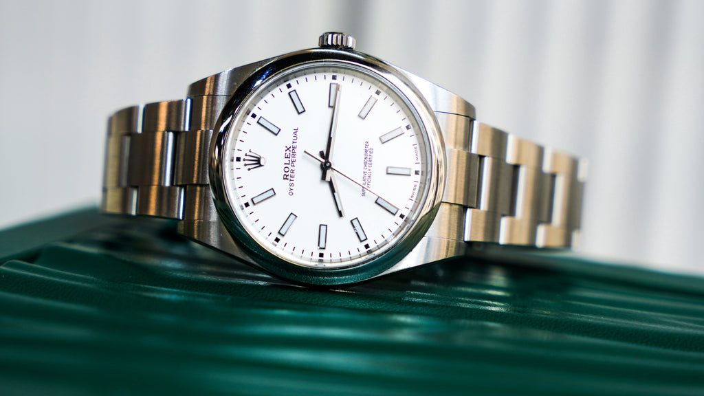 Pre-Owned Rolex 39mm Oyster Perpetual White Rhodium Dial with Stainless Steel Oyster Bracelet 114300