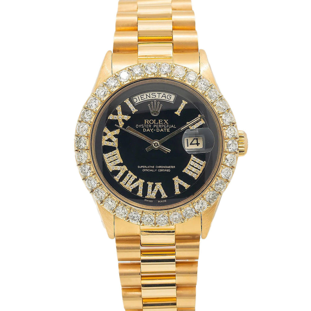 Pre-Owned Rolex Day-Date 36MM 1803 Black Roman Diamond Dial Diamond Bezel 18K Yellow Gold President Bracelet