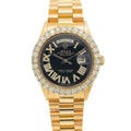 Pre-Owned Rolex Day-Date 36MM 1803 Black Roman Diamond Dial Diamond Bezel 18K Yellow Gold President Bracelet