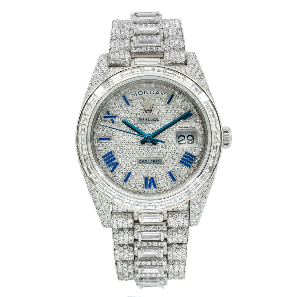 Pre-Owned Rolex Day-Date 40MM 228206 Diamond Paved Blue Roman Dial Diamond Bezel 18K White Gold Full Diamond President Bracelet