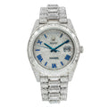 Pre-Owned Rolex Day-Date 40MM 228206 Diamond Paved Blue Roman Dial Diamond Bezel 18K White Gold Full Diamond President Bracelet