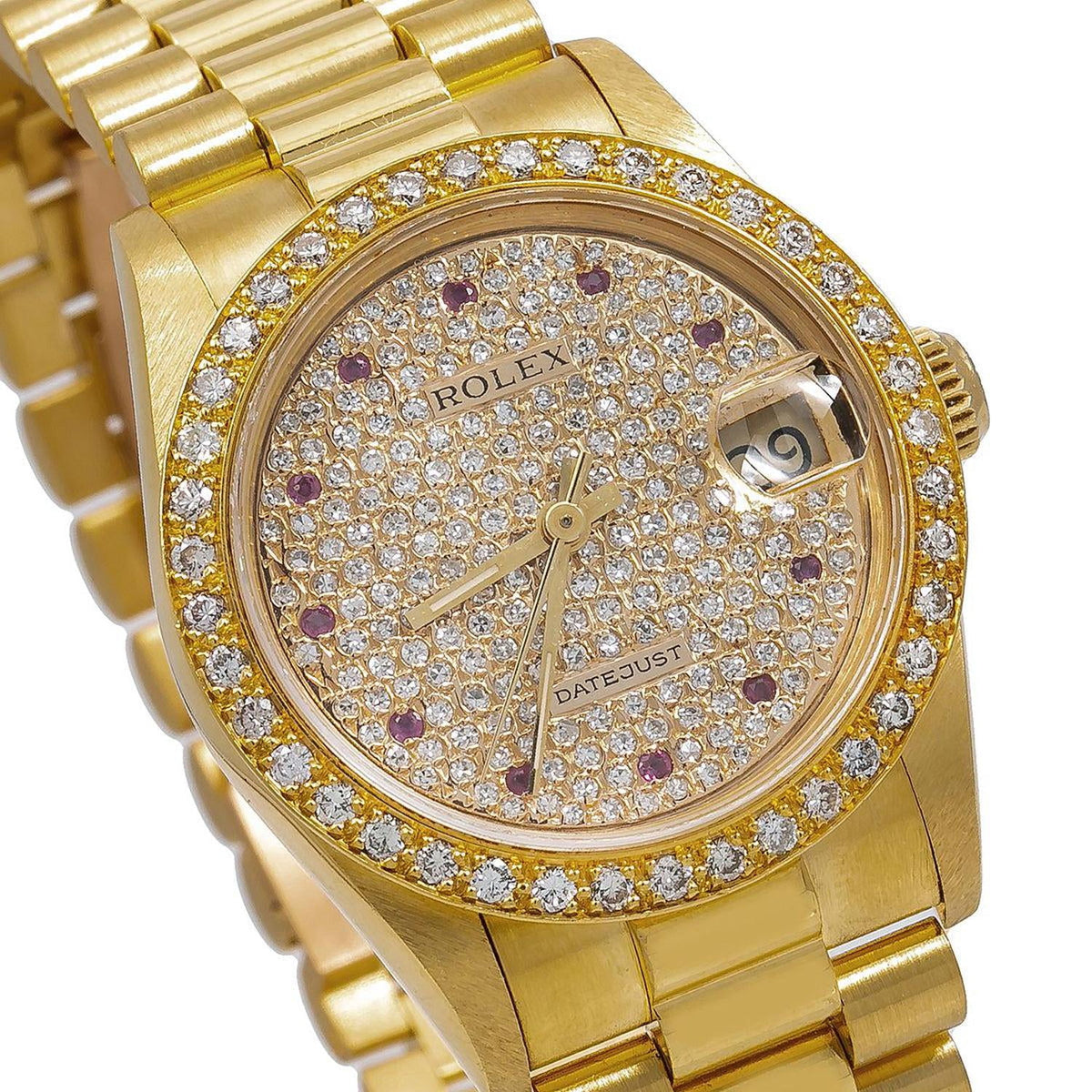 Pre-Owned Rolex Datejust 31MM 68278 Diamond Paved Dial Diamond Bezel 18K Yellow Gold President Bracelet