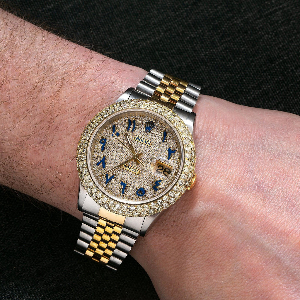 Pre-Owned Rolex Datejust 36MM 16233 Diamond Paved Blue Eastern Arabic Dial Diamond Bezel Two Tone Yellow Gold Jubilee Bracelet 4.75ct