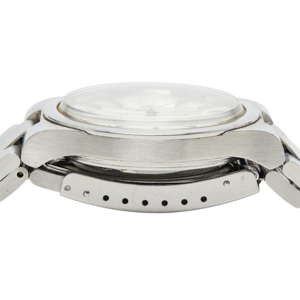 Pre-Owned Omega Geneve watch, Swiss-made quartz, silver dial, stainless steel, men's watch.