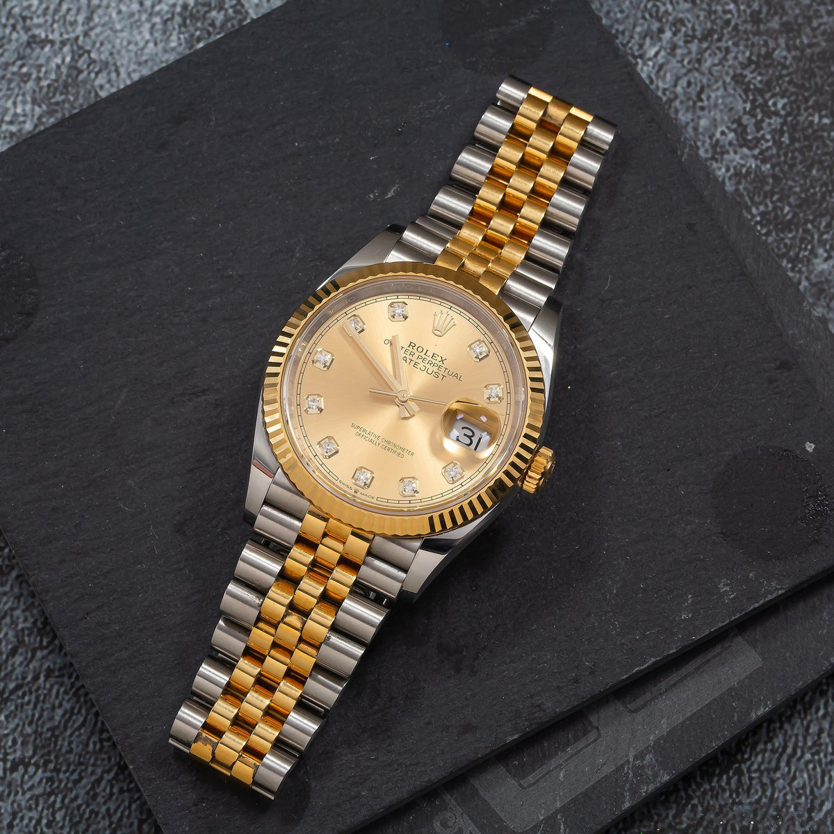 Pre-Owned Rolex Datejust 36MM 126233 Champagne Diamond Dial Fluted Bezel Two Tone Yellow Gold Jubilee Bracelet