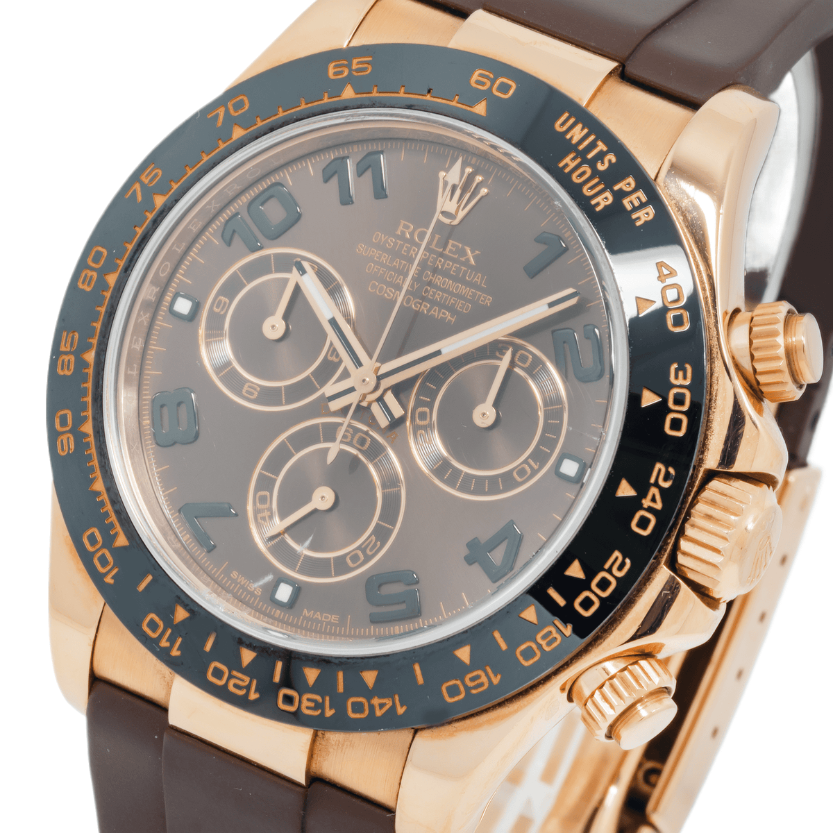 Pre-Owned Rolex Cosmograph Daytona 40MM 116515LN Chocolate Arabic Dial Black Ceramic Tachymeter Bezel Brown Rubber Strap
