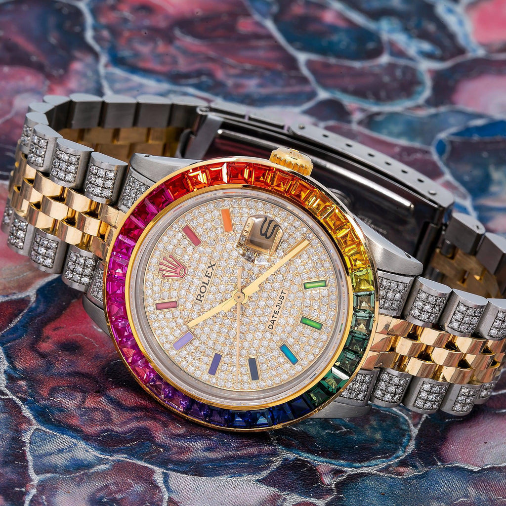 Pre-Owned Rolex Datejust 36MM 16013 Diamond Paved Rainbow Hour Dial Rainbow Gemstone Bezel Two Tone Yellow Gold Semi Diamond Jubilee Bracelet 5.25ct