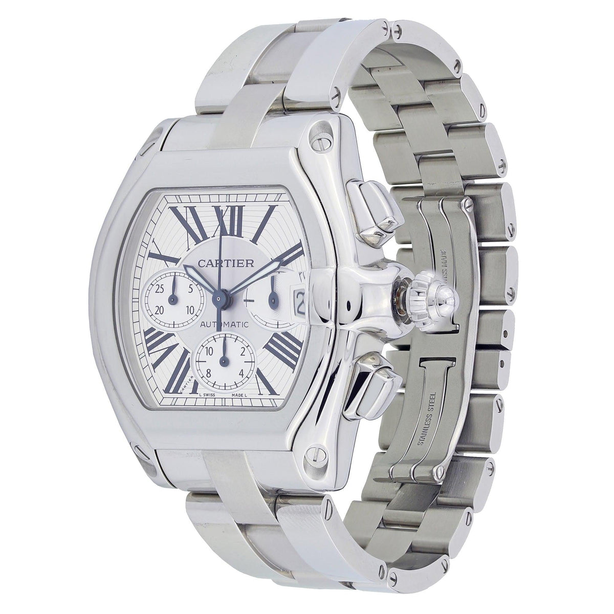 Pre-Owned Cartier Roadster 43MM W62019X6 Silver Roman Dial Stainless Steel Bracelet