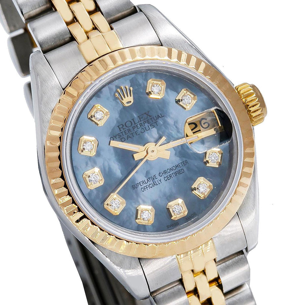 Pre-Owned Rolex Datejust 26MM 69173 Blue Mother of Pearl Diamond Dial Fluted Bezel Two Tone Yellow Gold Jubilee Bracelet
