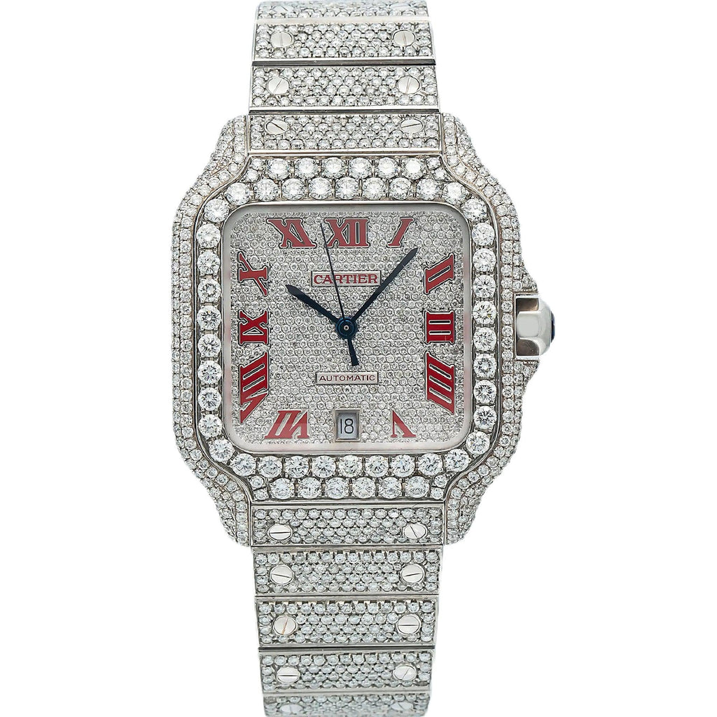 Pre-Owned Cartier Santos 35.1MM WSSA0029 Diamond Paved Roman Dial Diamond Bezel Stainless Steel Full Diamond Bracelet