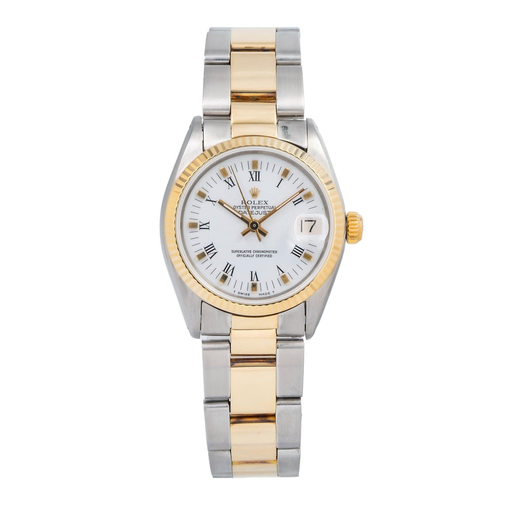 Pre-Owned Rolex Datejust 31MM 6827 White Roman Dial Fluted Bezel Two Tone Yellow Gold Oyster Bracelet