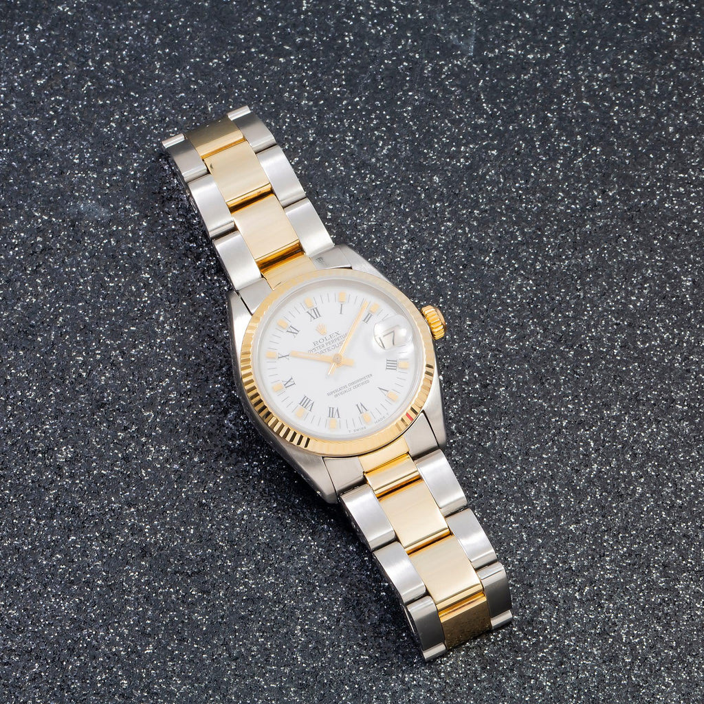 Pre-Owned Rolex Datejust 31MM 6827 White Roman Dial Fluted Bezel Two Tone Yellow Gold Oyster Bracelet