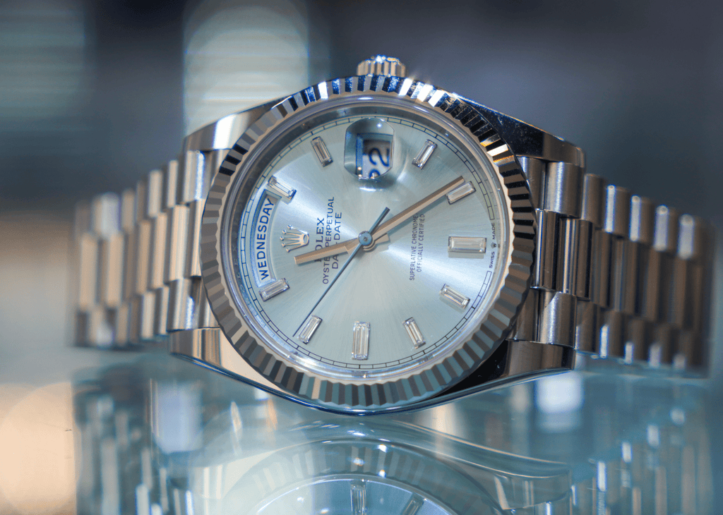 Pre-Owned Rolex Platinum President Day-Date 40 â€“ Ice Blue Baguette Dial Ref. 228236