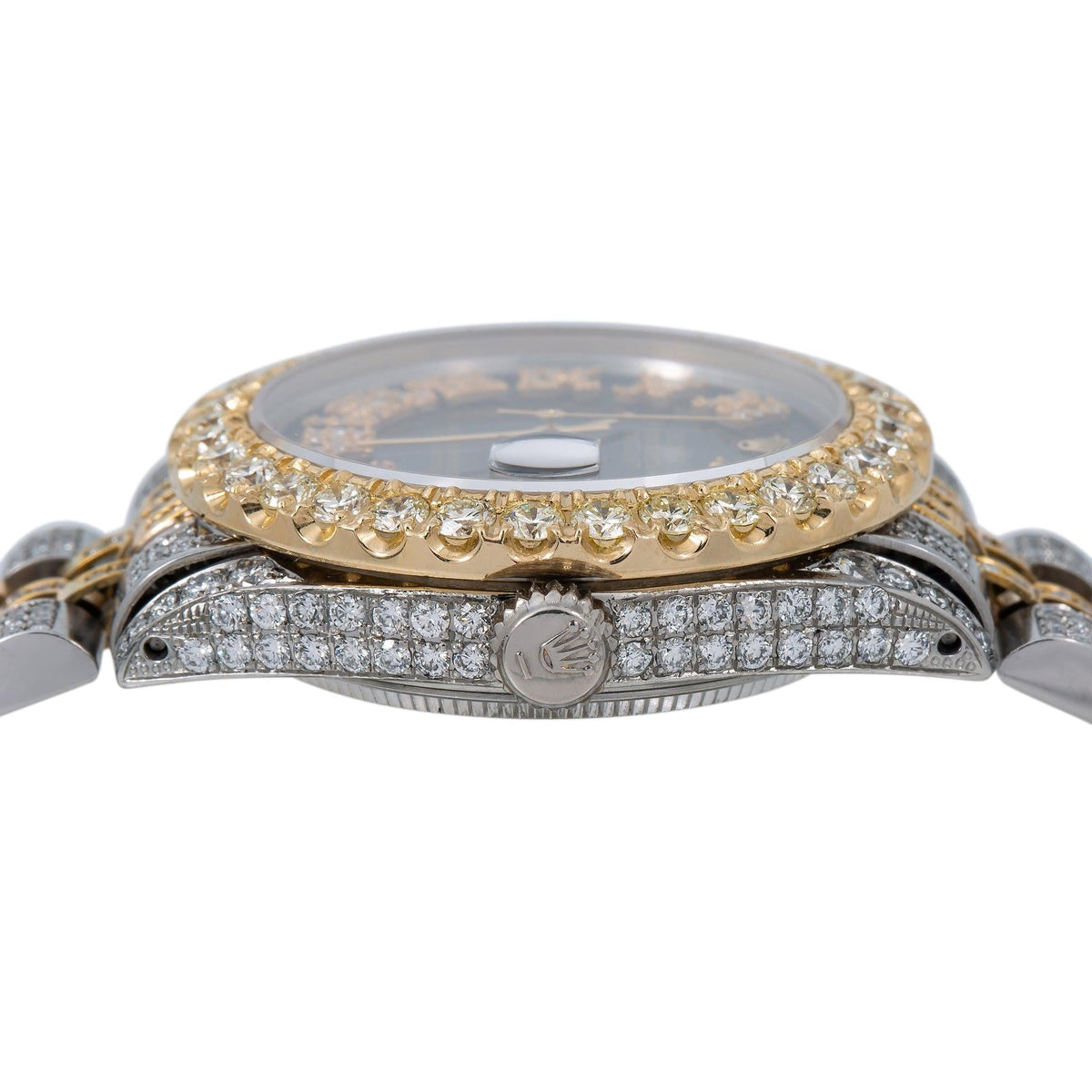 Pre-Owned Rolex Datejust 31MM 6824 Black Roman Diamond Dial Diamond Bezel Two Tone Yellow Gold Full Diamond Jubilee Bracelet