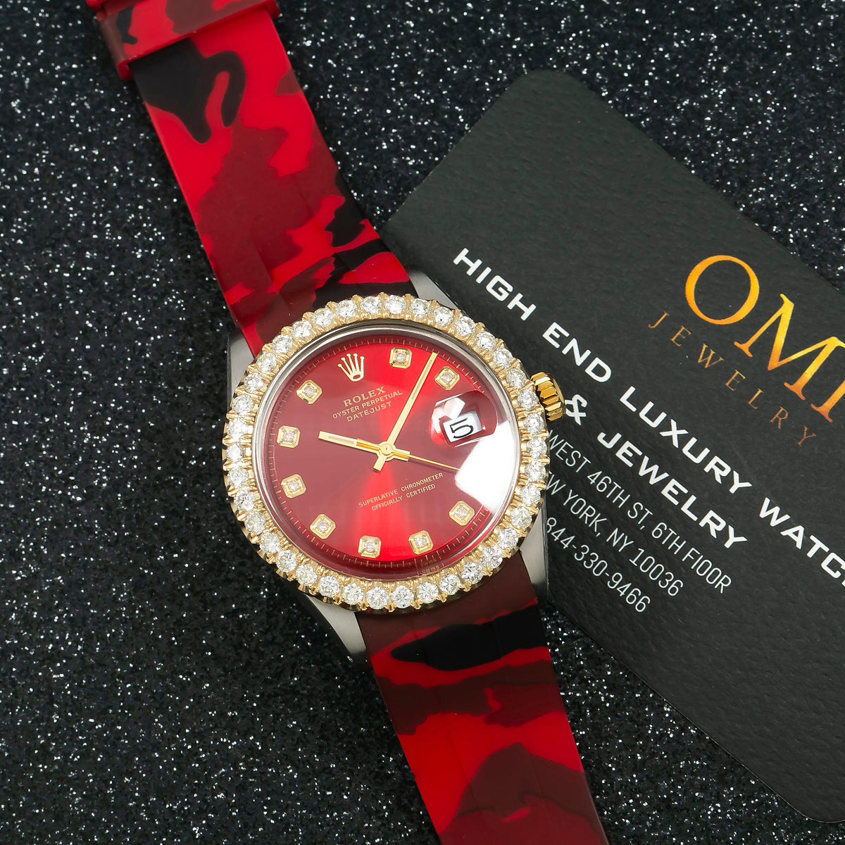 Pre-Owned Rolex Datejust 36MM 1601 Red Diamond Dial Diamond Bezel Red Camo Rubber Strap