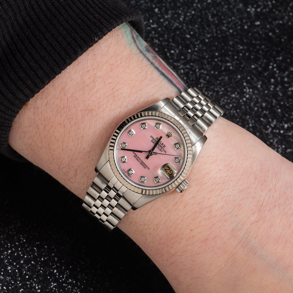 Pre-Owned Rolex Datejust 31MM 68274 Pink Mother of Pearl Diamond Dial Fluted Bezel Stainless Steel Jubilee Bracelet