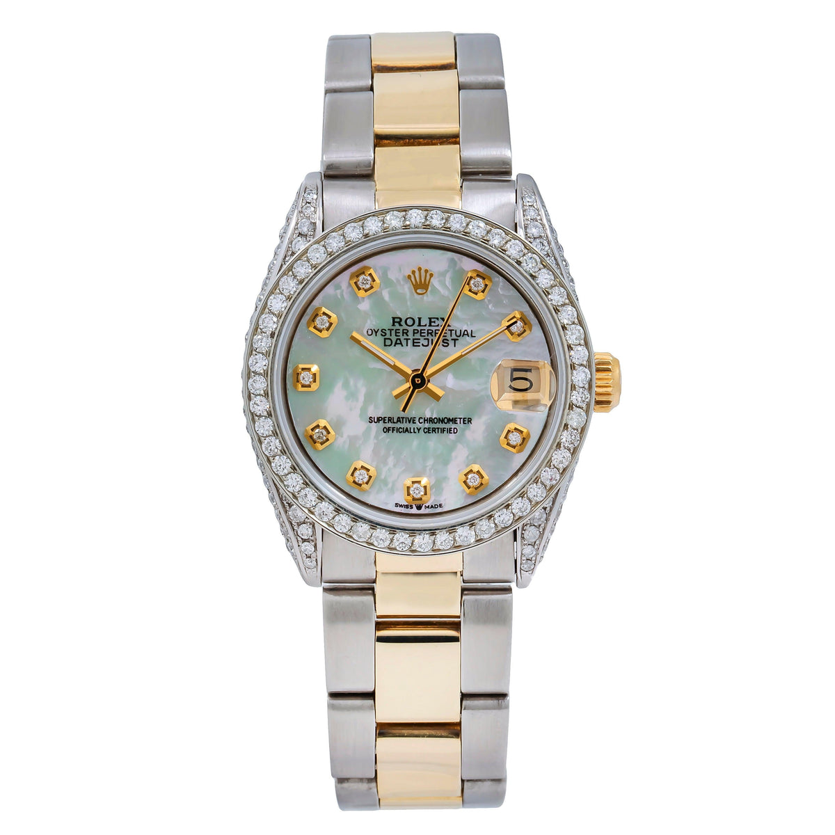 Pre-Owned Rolex Datejust 31MM 68243 Mother of Pearl Diamond Dial Diamond Bezel Two Tone Yellow Gold Oyster Bracelet