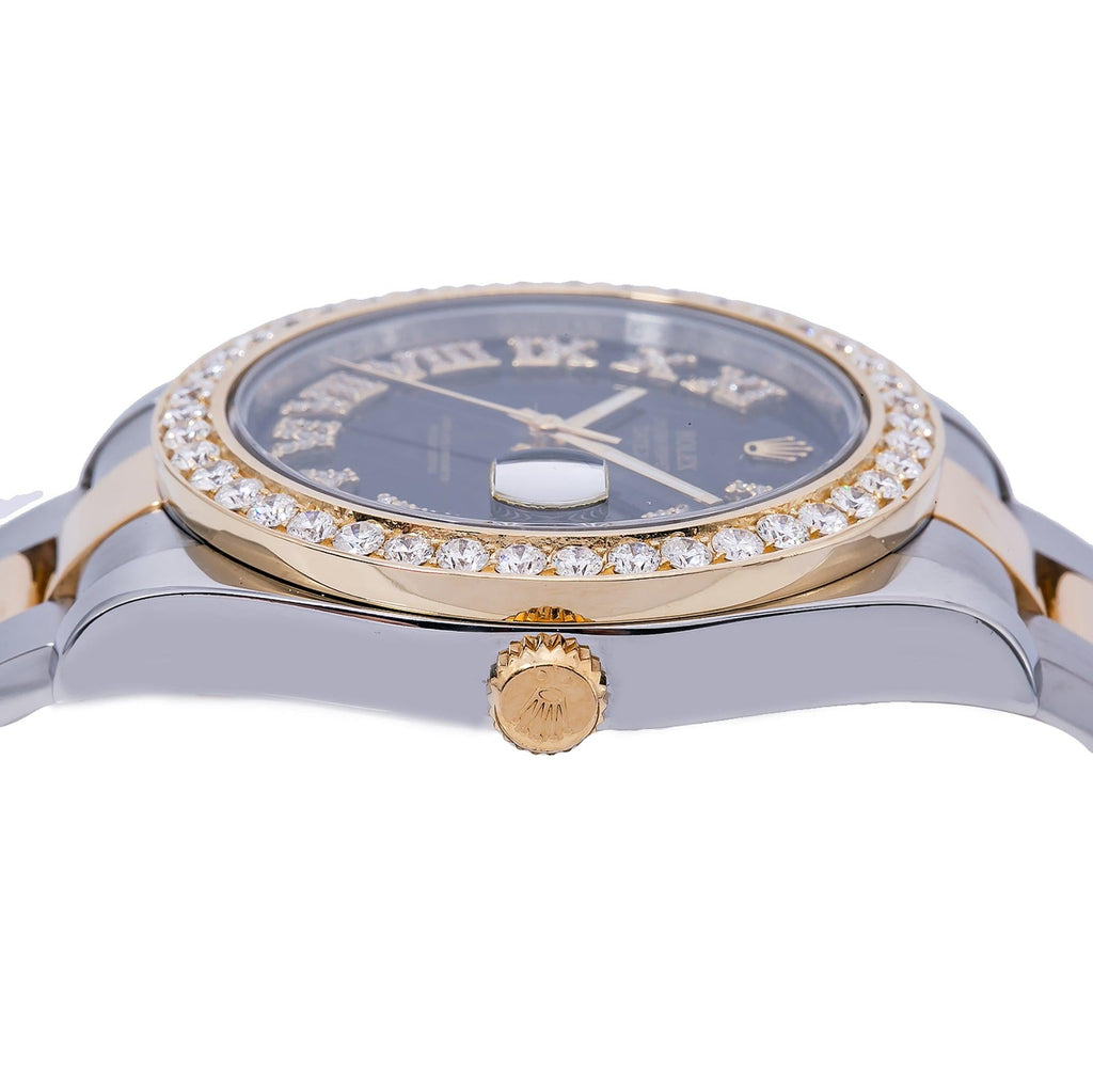 Pre-Owned Rolex Datejust II 41MM 116333 Black Roman Diamond Dial Diamond Bezel Two Tone Yellow Gold Oyster Bracelet 2.4ct