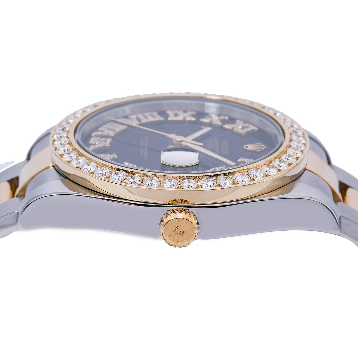 Pre-Owned Rolex Datejust II 41MM 116333 Black Roman Diamond Dial Diamond Bezel Two Tone Yellow Gold Oyster Bracelet 2.4ct