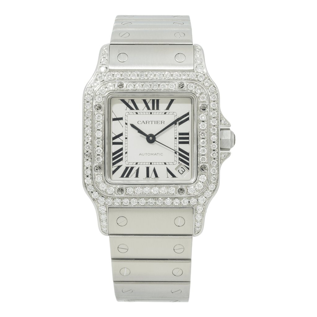 Pre-Owned Cartier Santos Galbée XL 32MM W20098D6 / 2823 Silver Roman Dial Diamond Bezel Stainless Steel Bracelet