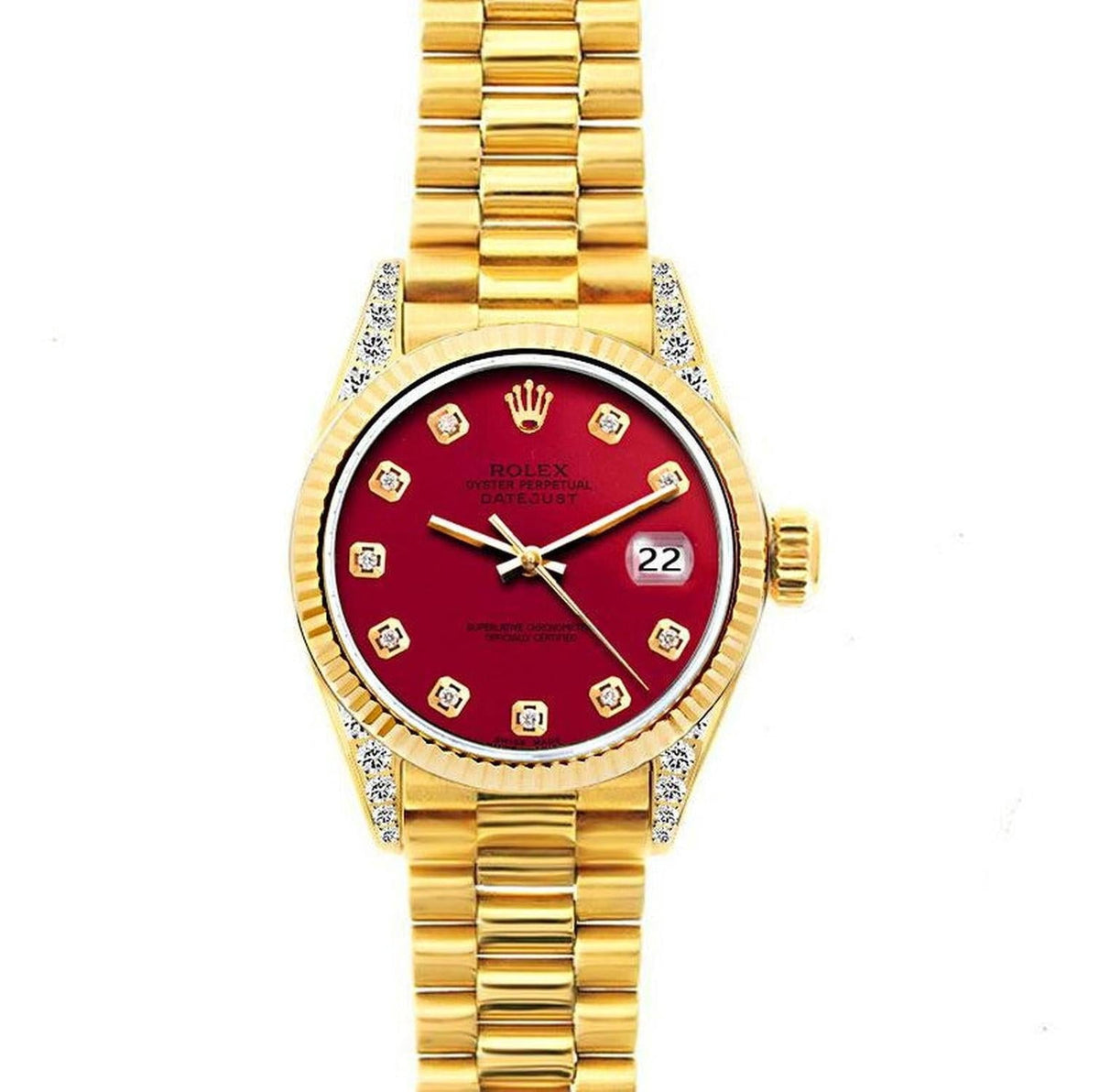 Pre-Owned Rolex Datejust 26MM 69178 Red Diamond Dial Fluted Bezel 18K Yellow Gold President Bracelet