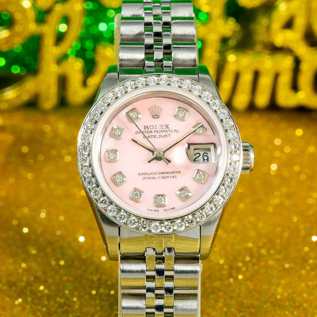 Pre-Owned Rolex Datejust 26MM 6916 Pink Mother of Pearl Diamond Dial Diamond Bezel Stainless Steel Jubilee Bracelet