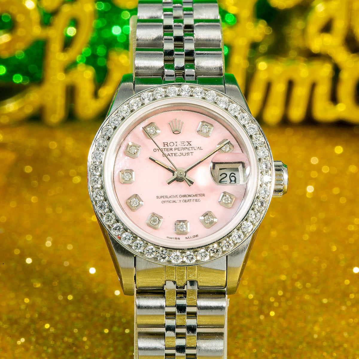 Pre-Owned Rolex Datejust 26MM 6916 Pink Mother of Pearl Diamond Dial Diamond Bezel Stainless Steel Jubilee Bracelet