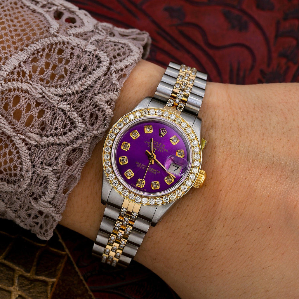 Pre-Owned Rolex Datejust 26MM 69173 Purple Diamond Dial Diamond Bezel Two Tone Yellow Gold Semi Diamond Jubilee Bracelet