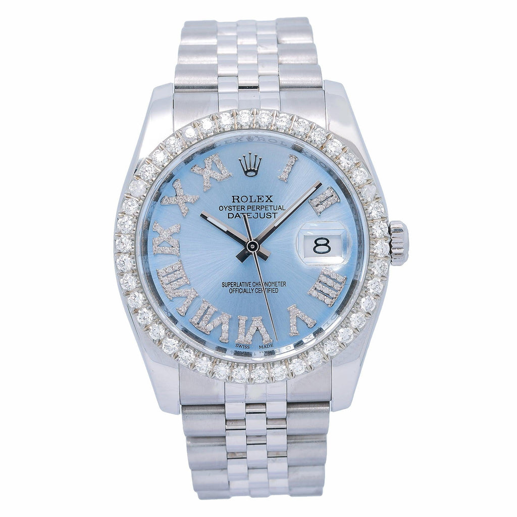 Pre-Owned Rolex Datejust 36MM 116234 Ice Blue Roman Diamond Dial Diamond Bezel Stainless Steel Jubilee Bracelet