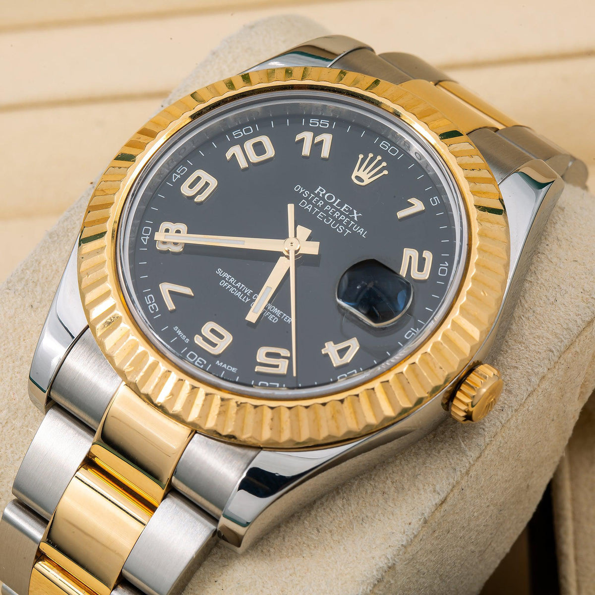 Pre-Owned Rolex Datejust 41MM 116333 Black Arabic Dial Fluted Bezel Two Tone Yellow Gold Oyster Bracelet