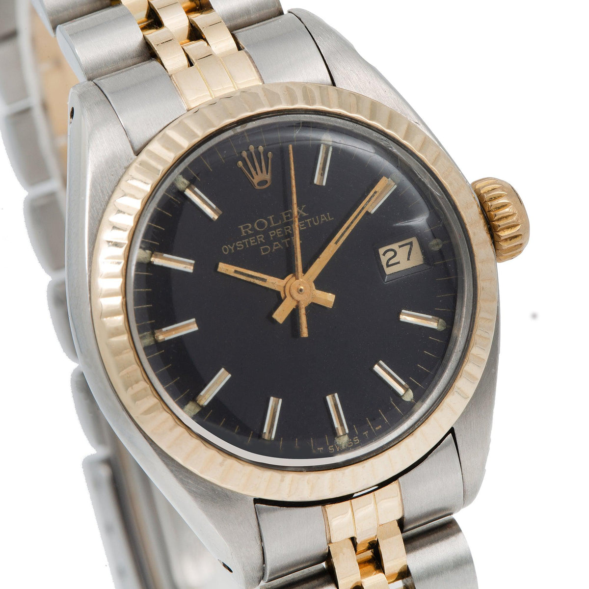 Pre-Owned Rolex Datejust 26MM 6917 Black Dial Fluted Bezel Two Tone Yellow Gold Jubilee Bracelet