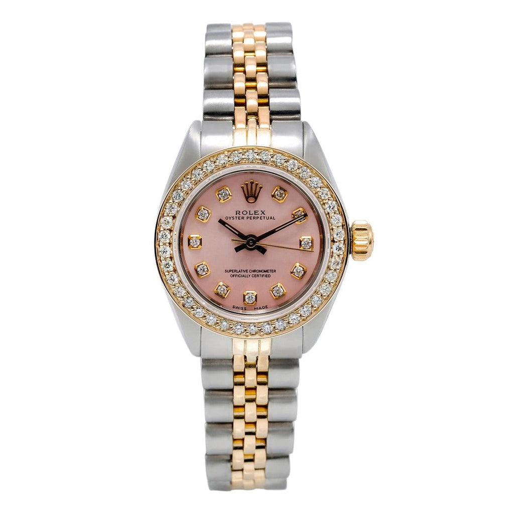 Pre-Owned Rolex Oyster Perpetual 26MM 67193 Pink Diamond Dial Diamond Bezel Two Tone Yellow Gold Jubilee Bracelet 1ct