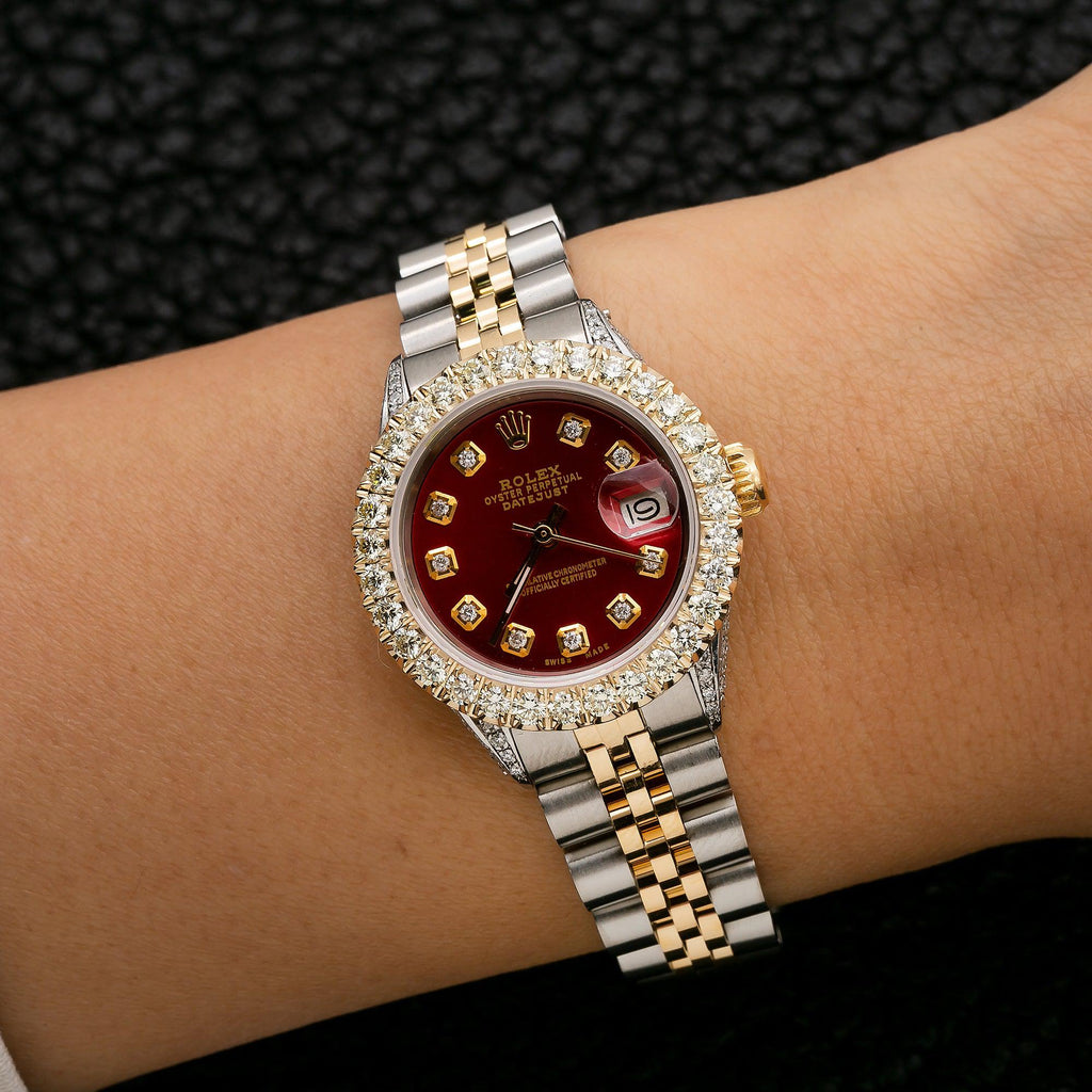 Pre-Owned Rolex Datejust 26MM 69173 Red Diamond Dial Diamond Bezel Two Tone Yellow Gold Jubilee Bracelet 2.25ct